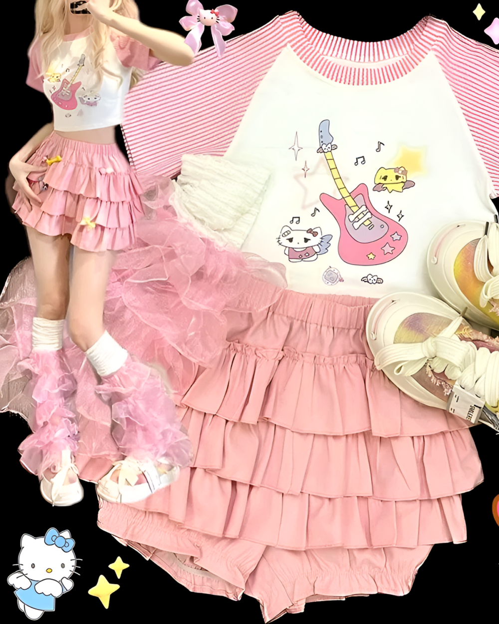 Pink ruffled mini skirt paired with a Hello Kitty shirt and sneakers.