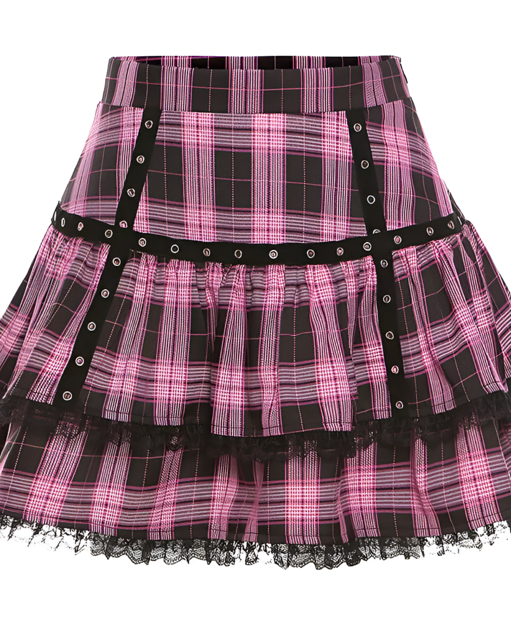 Pink plaid mini skirt with ruffled layers and metal eyelets. Mall goth aesthetic style.