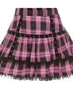 Pink plaid mini skirt with ruffled layers and metal eyelets. Mall goth aesthetic style.