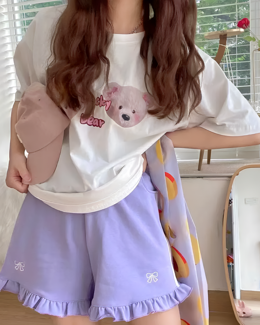 Purple Ruffled Shorts - Yume Kawaii shorts featuring a bear and bow details.