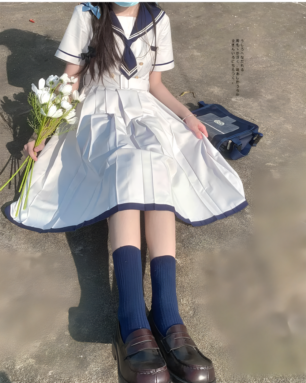 A blue sailor uniform dress with pleated skirt, socks, and shoes. Product keyword: sailor uniform dress
