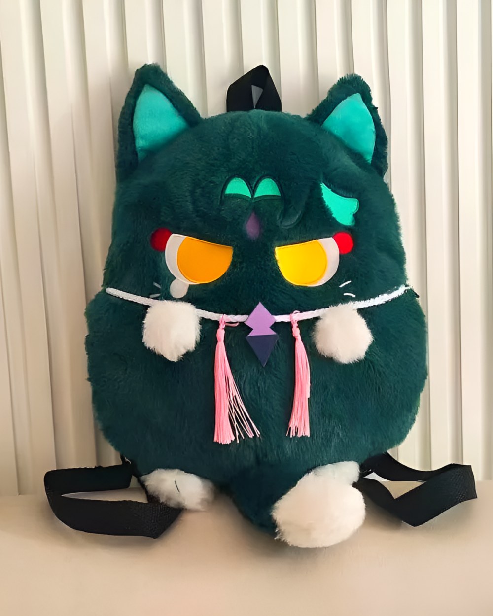 Green ScaraMeow & XiaoMeow backpack, a cute kawaii plush backpack with cat ears and a fluffy texture.