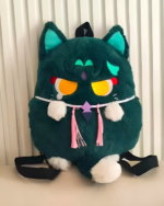 Green ScaraMeow & XiaoMeow backpack, a cute kawaii plush backpack with cat ears and a fluffy texture.