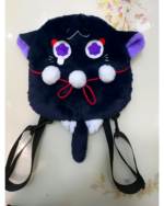 Black ScaraMeow & XiaoMeow plush backpack with purple eyes and white pom-poms. A cute kawaii plush backpack design.