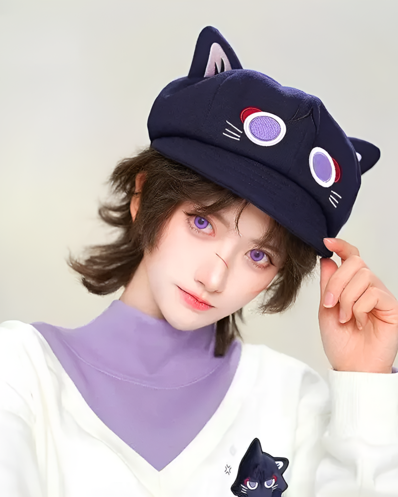 Woman wearing a navy blue Scarameow Beret with cat ears and whiskers. The beret features a light blue detail and a purple interior.