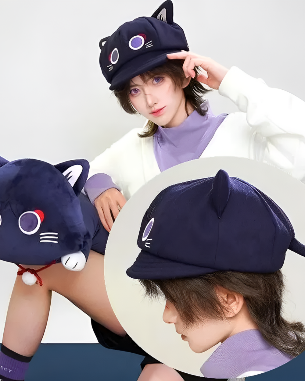 A woman wearing a dark blue Scarameow Beret with cat ears. Includes close-up views of the Scarameow Beret.
