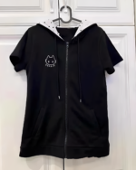 Black short-sleeved hooded t-shirt with a Sleepy Neko design. Zippered front and kangaroo pockets.