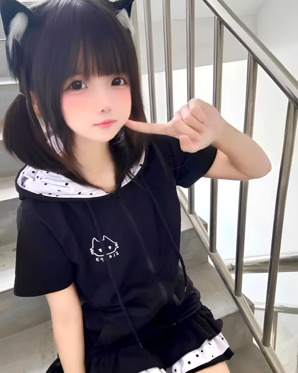 Woman wearing a black Sleepy Neko short sleeved hooded t-shirt with cat ears and polka dot lining.