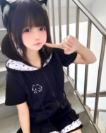 Model wearing a black Sleepy Neko short sleeved hooded t-shirt with cat ears and polka dot trim.