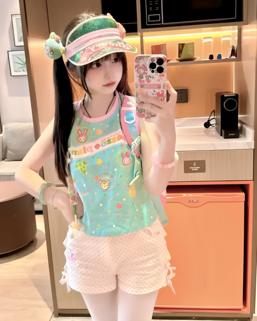 Girl wearing a sleeveless Mezzo Piano top in blue with a fruit pattern, paired with matching shorts.