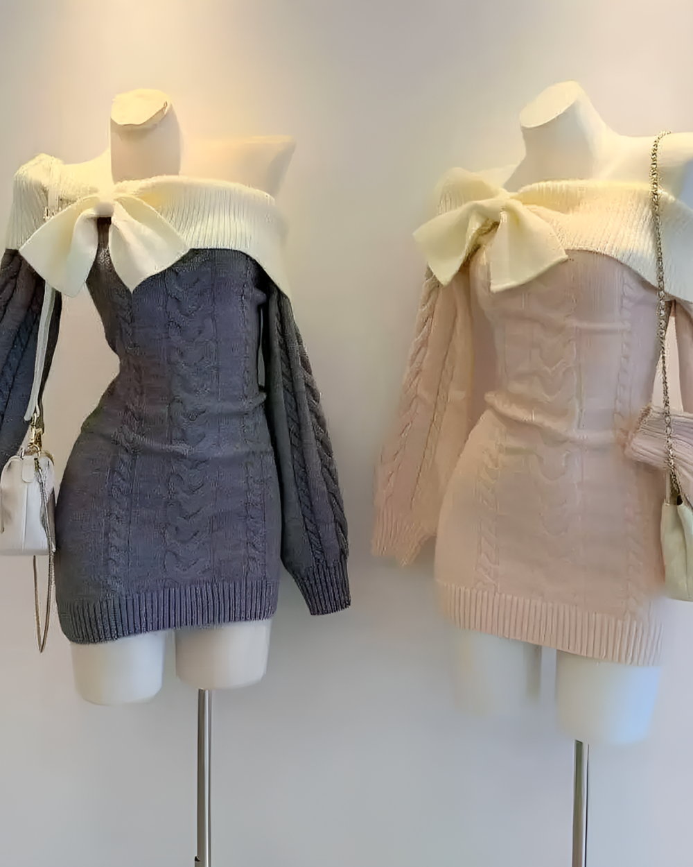 Two Slim Fit Knitted Dresses - Coquette Aesthetic, featuring cable knit and bow details, displayed on mannequins.