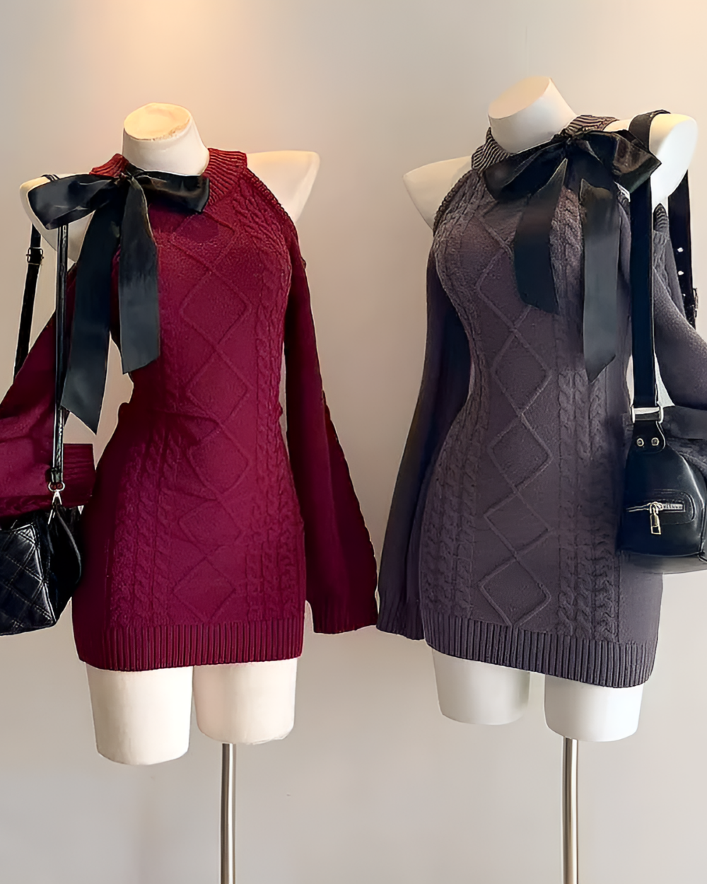 Two slim fit knitted dresses in a coquette aesthetic, featuring cable knit details and accessories.