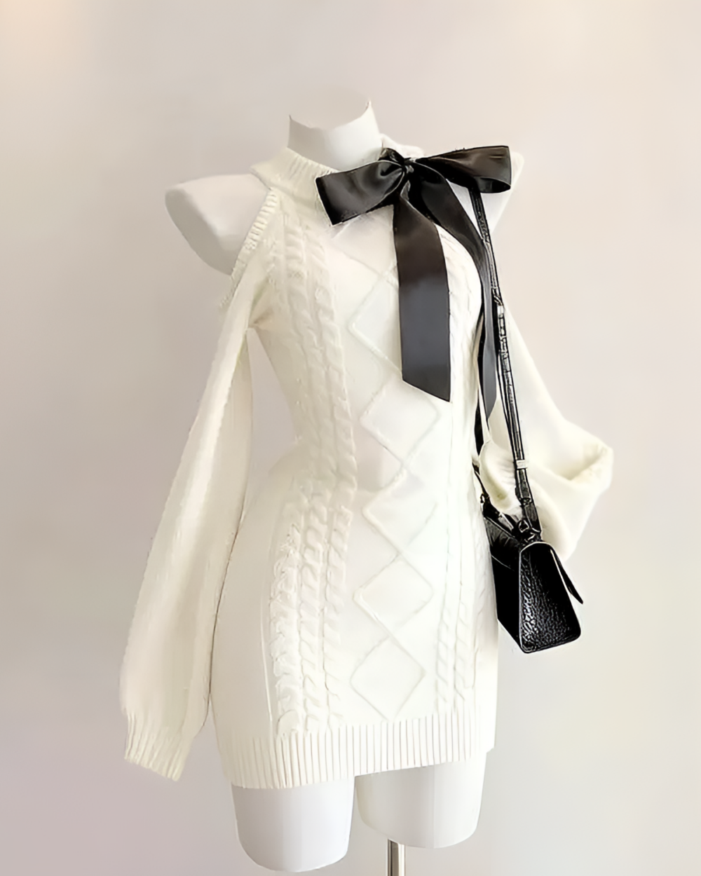 White slim fit knitted dress with oversized bow, coquette aesthetic dress.