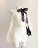 White slim fit knitted dress with oversized bow, coquette aesthetic dress.