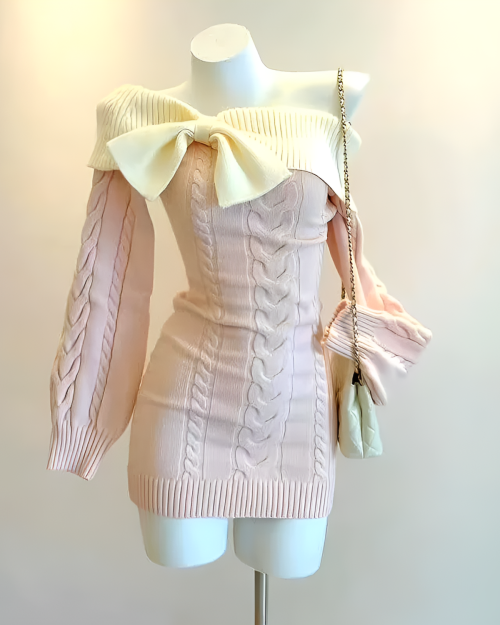 Slim Fit Knitted Dress - Coquette Aesthetic, off-shoulder with bow detail, cable knit.