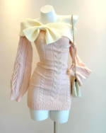 Slim Fit Knitted Dress - Coquette Aesthetic, off-shoulder with bow detail, cable knit.