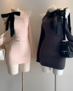 Two slim fit knitted dresses in a coquette aesthetic, featuring cable knit textures and black bows.