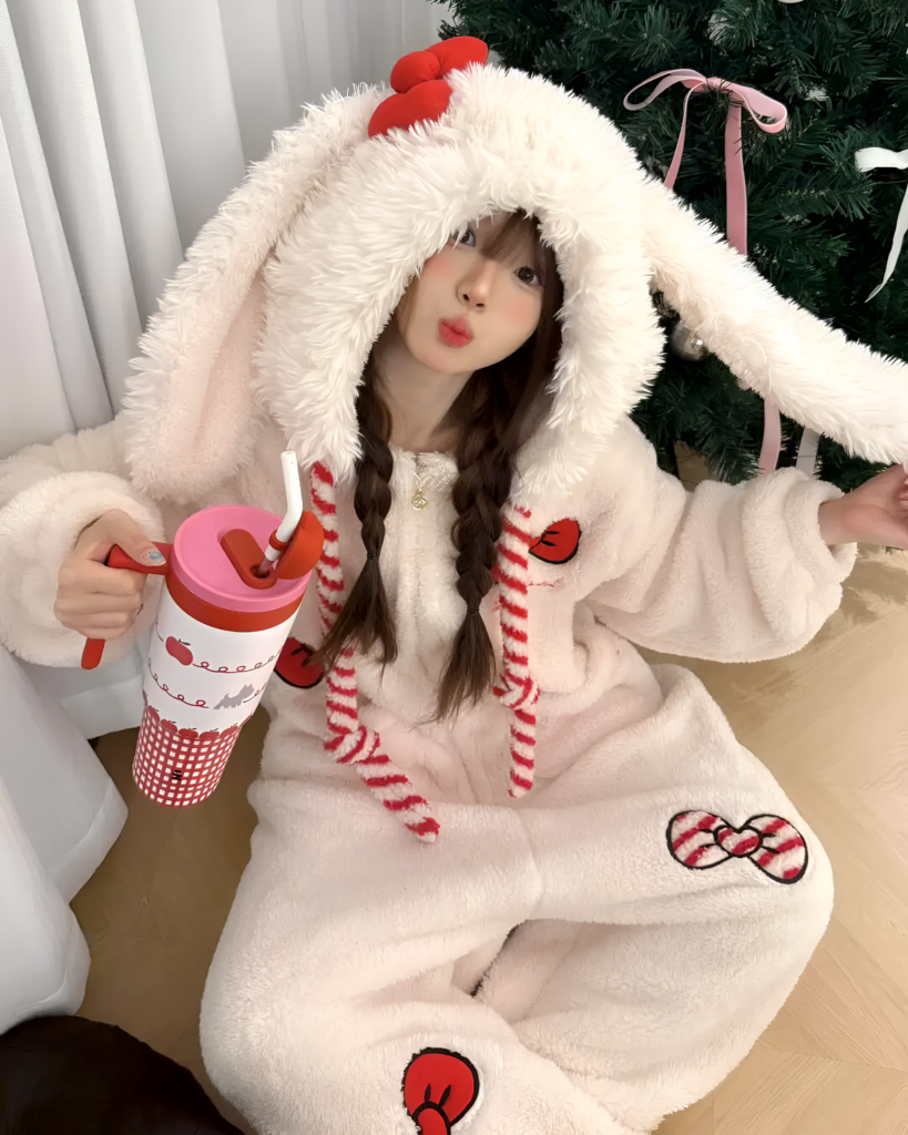 Woman wearing a pink Slumber Bow-Bunny Ribbon Kigurumi pajamas, a cozy bunny kigurumi, with a drink.