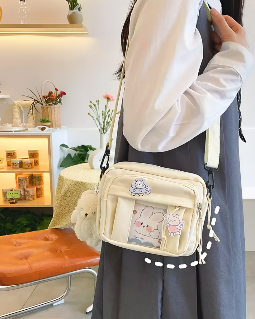 Woman wearing a Small Ita Bag - Colorful Edition, showcasing the ita bag aesthetic with a clear window for displaying charms.