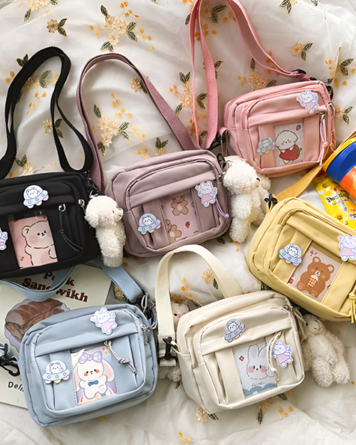 Colorful Small Ita Bag collection with clear windows for displaying pins, showcasing an ita bag aesthetic. Multiple color options available.