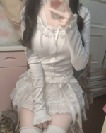 Soft Girl Laced Skirt outfit featuring a white long sleeve top and layered lace skirt.
