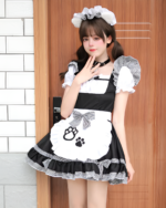 A person wearing a Soft Girl Maid Dress - Paw Prints Edition, featuring a black and white checkered dress, apron with paw prints, and a white headband.
