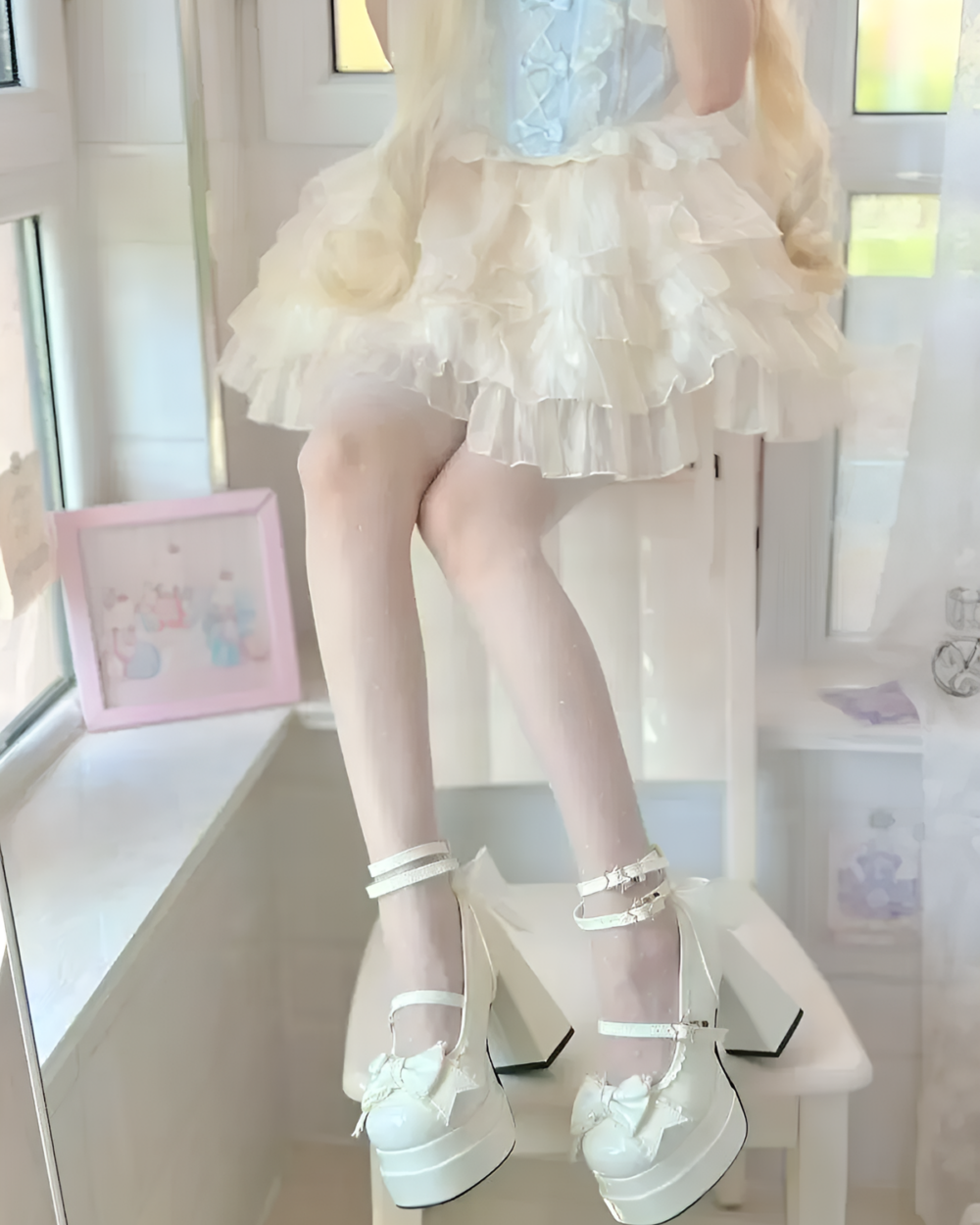 A person wearing white Starlit Lace-Bow Mary Janes with a layered dress. The shoes feature a platform sole and bow detail.
