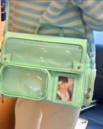 Green Strapped Ita Bag - Korean Edition with clear pocket displaying a photo.