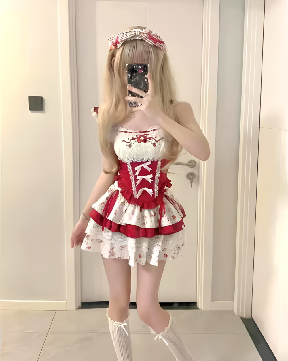 Model wearing a Strawberry Parfait Dress - Sweet Lolita Aesthetic, featuring a red and white floral design.
