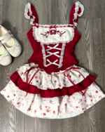 Red Strawberry Parfait Dress with lace details, ruffles, and a white petticoat. Sweet Lolita style.