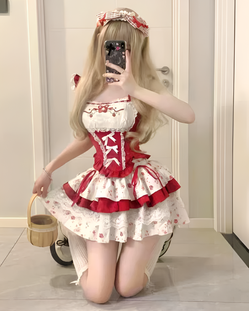 Model wearing a Strawberry Parfait Dress, Sweet Lolita aesthetic, featuring a red and white lace design.