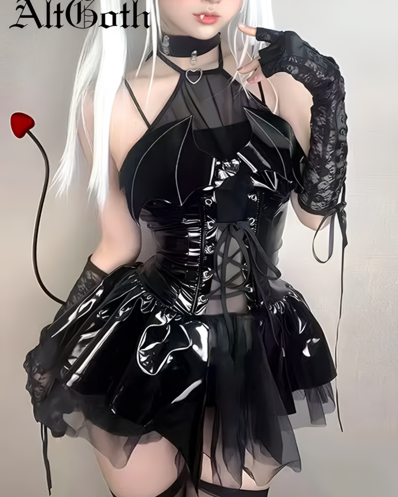 Model wearing the Succubus Bat-Wing Corset Set, a black gothic outfit with bat-wing details and a skirt.