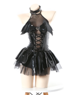 Black Succubus Bat-Wing Corset Set displayed on a mannequin. Includes a corset, choker & layered skirt.