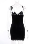 Black goth mini dress on a mannequin. Features a lace trim and spaghetti straps. A summer aesthetic.