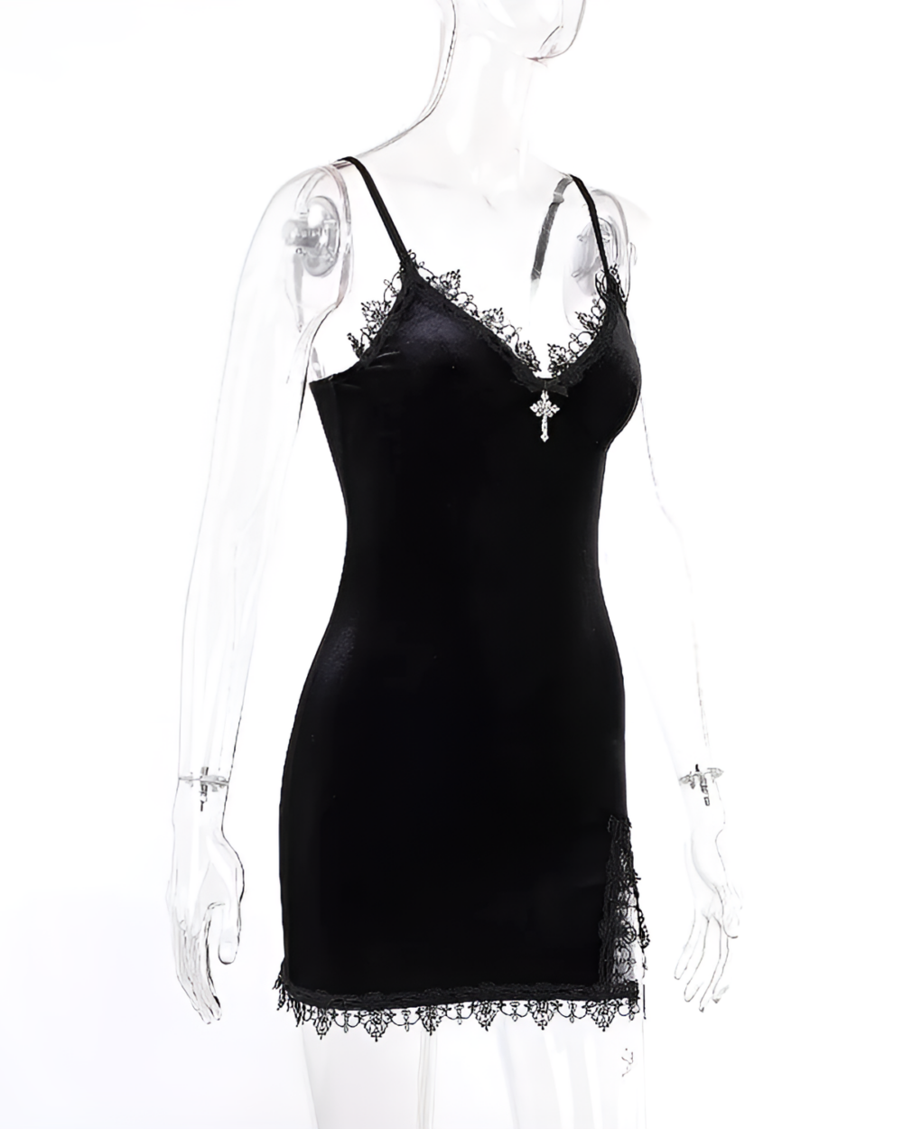 Black goth mini dress with lace trim and cross detail on a transparent mannequin. Spaghetti straps and a fitted silhouette.