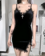 Black goth mini dress with lace trim and adjustable straps. Velvet fabric, perfect for a goth aesthetic.