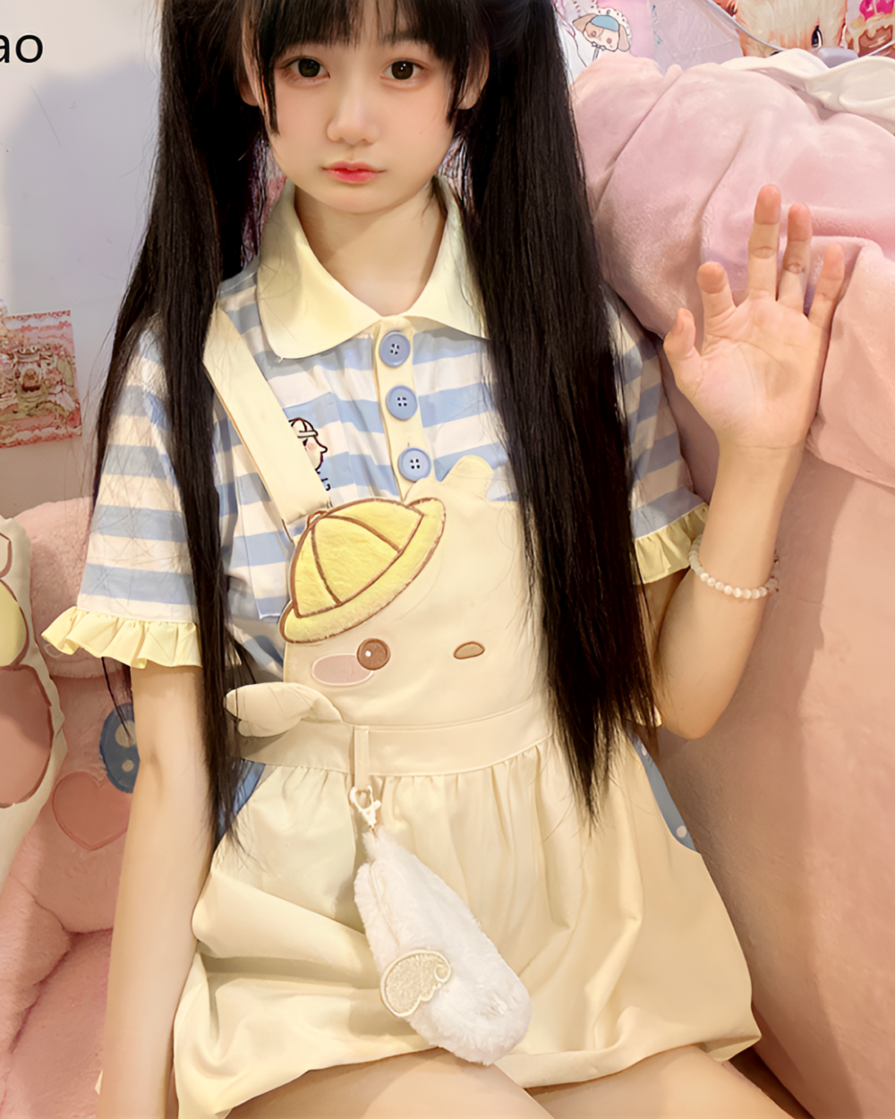 Model wearing a Sunbeam Mascot yellow suspender outfit with a light blue striped top and bear accessory. A cute yellow suspender outfit.