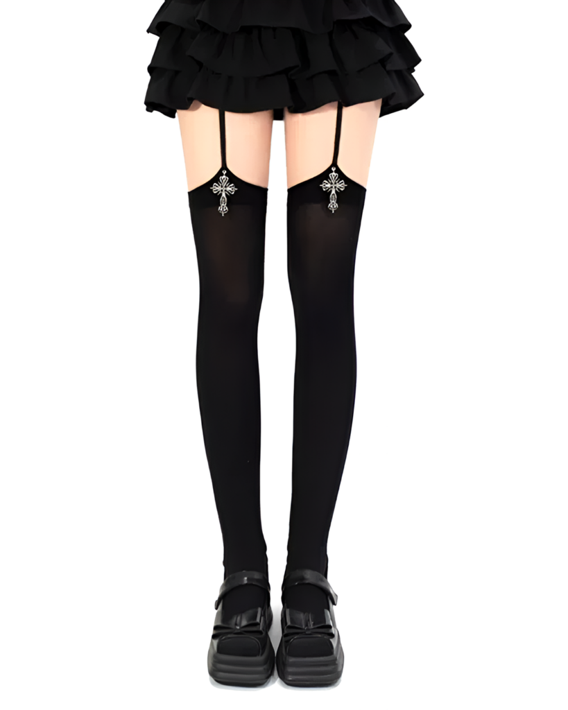 Black suspender cross socks worn with a black skirt and shoes.