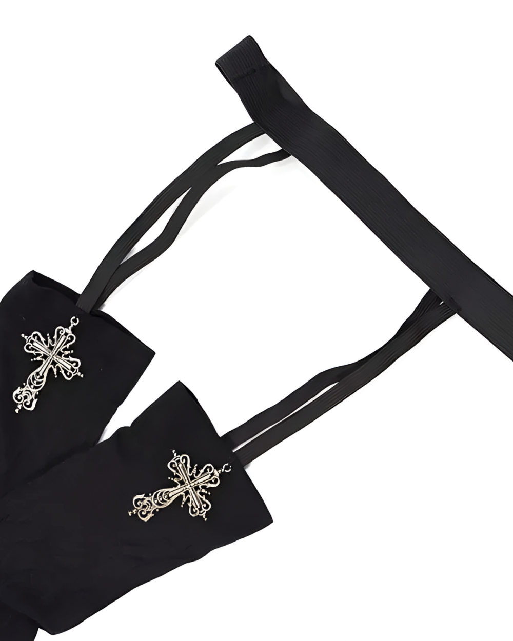 Black suspender cross socks with white cross embroidery, Gothic Lolita style.