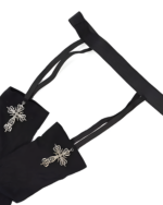 Black suspender cross socks with white cross embroidery, Gothic Lolita style.