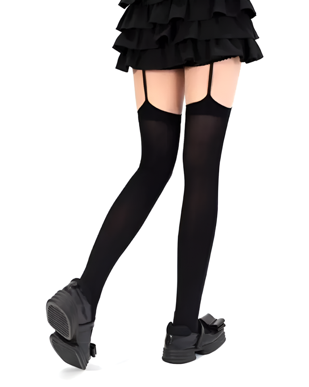 Black suspender cross socks paired with a gothic lolita skirt and shoes.