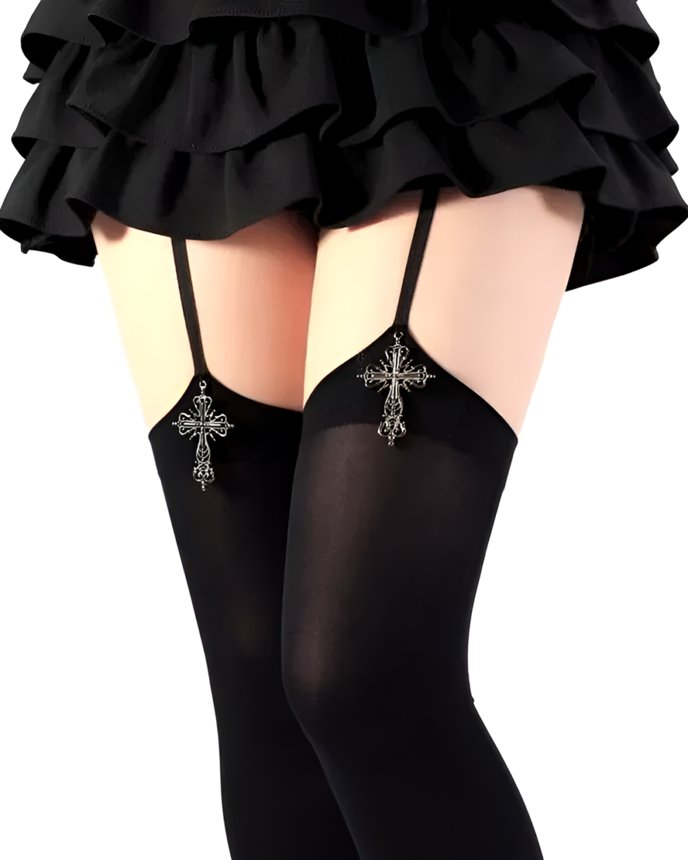 Black suspender cross socks paired with thigh-high stockings and a ruffled skirt.