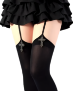 Black suspender cross socks paired with thigh-high stockings and a ruffled skirt.
