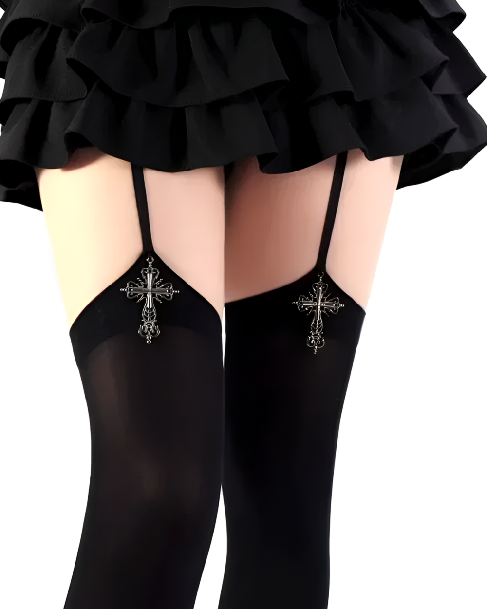 Black suspender cross socks with a prominent cross embellishment, Gothic Lolita aesthetic.