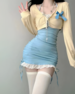 Sweet Girl Mini Dress - Dollette aesthetic featuring a yellow top and blue ruched skirt with thigh-high socks.