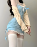 Sweet Girl Mini Dress - Dollette Aesthetic, featuring a blue and yellow two-piece outfit with lace detailing and thigh-high socks.