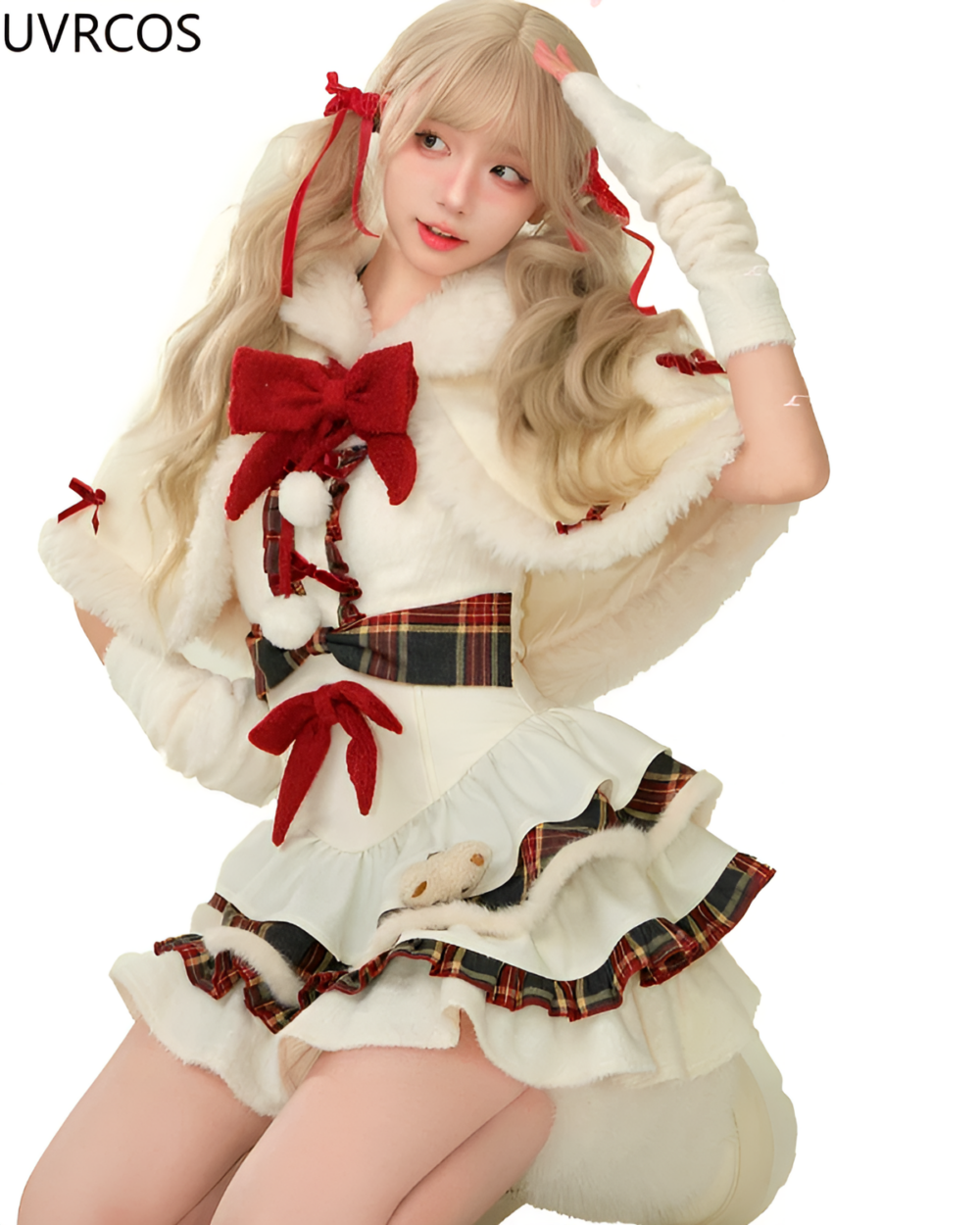 Model wearing a Sweet Lolita Christmas Dress - Christmas Edition, featuring a white and plaid skirt, fur jacket, and accessories.