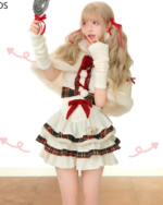Model wearing a Sweet Lolita Christmas Dress - Christmas Edition, featuring a plaid skirt and fur trim.