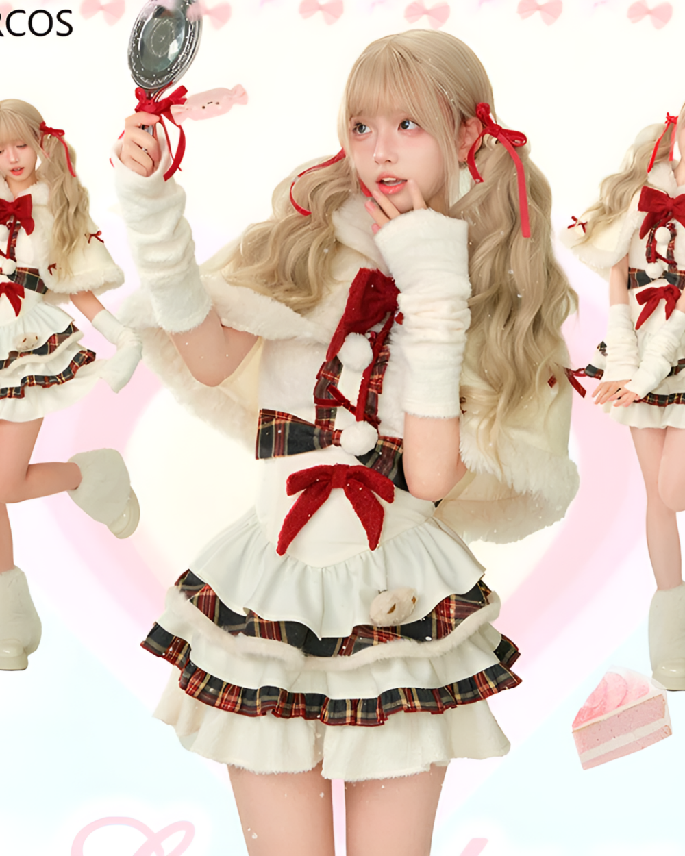Model wearing a Sweet Lolita Christmas Dress - Christmas Edition, featuring a plaid skirt and fur trim.