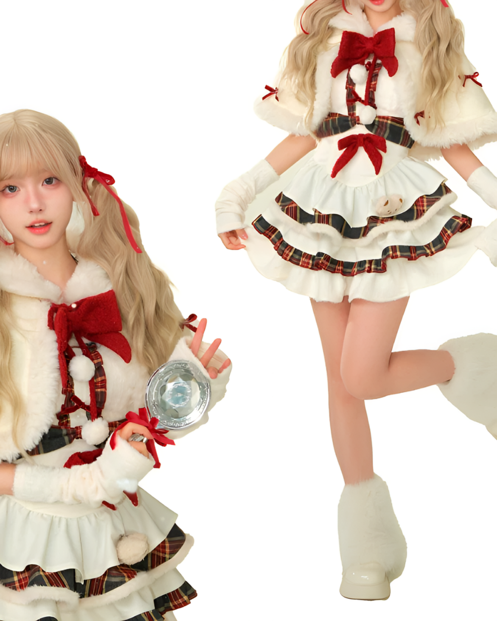 Sweet Lolita Christmas Dress - Christmas Edition featuring a model in a white and plaid holiday outfit with fur trim.